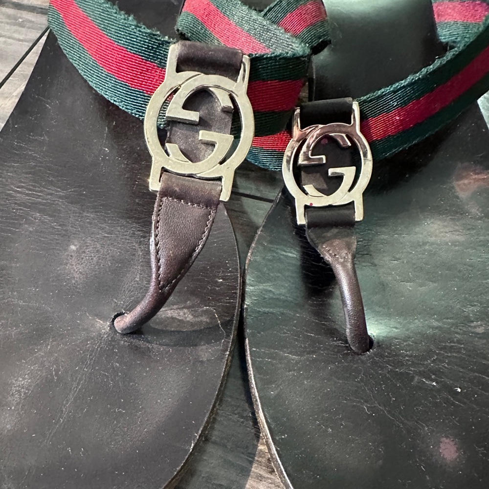 Gucci GG Logo Sandals Kitten‎ Heels THONGS Flip Flop Slides Brown Green Red 9.5 - Picture 15 of 16